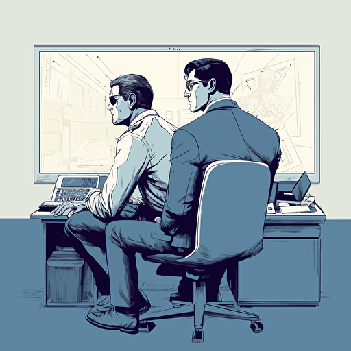 clark kent and security guard, concept art, vector drawing, sitting down in front of a computer, two people, security guard looking over shoulder