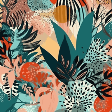 Modern palm tree leaves and modern flowers intricate hyperdetailed illustration pattern AND pastel orange and red and teal and pastel yellow polaroid filter, creative collage contemporary floral seamless pattern, fashionable design, beautiful pattern, flat art style, VectorStock