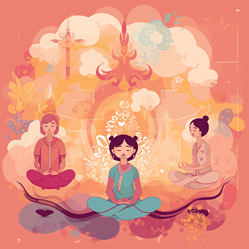 yoga illustration vector :: an illustration vector of two kids and their two parents doing yoga together :: meditation :: kids are in the center of the illustration and the adults are on the sides :: adobe illustrator style, happy faces, colored with hex: 90caf9 and hex: ffb347, UHD