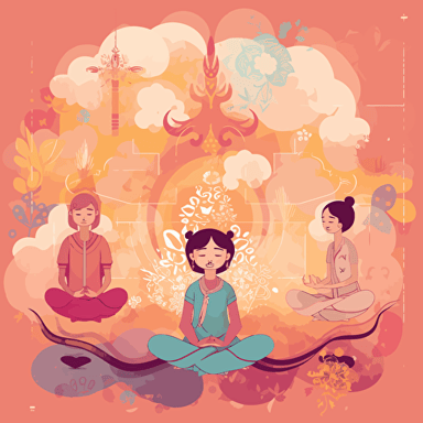 yoga illustration vector :: an illustration vector of two kids and their two parents doing yoga together :: meditation :: kids are in the center of the illustration and the adults are on the sides :: adobe illustrator style, happy faces, colored with hex: 90caf9 and hex: ffb347, UHD
