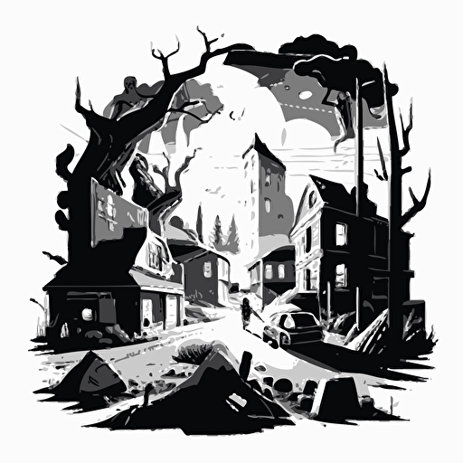 black and white vector illustration of small town with chaos and destruction caused by the friends' reckless use of their powers.