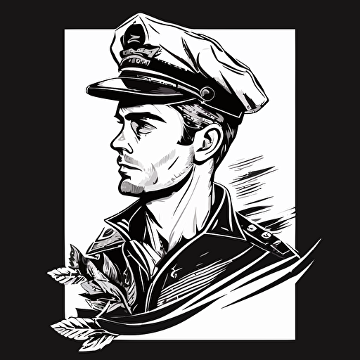 vector illustration, line drawing, sailor Jerry and anime style, normal man wearing full naval uniform, captain hat, black and white, waist up