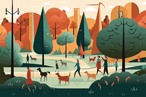 people walking dogs in the park premium vector, in the style of tex avery, animated illustrations