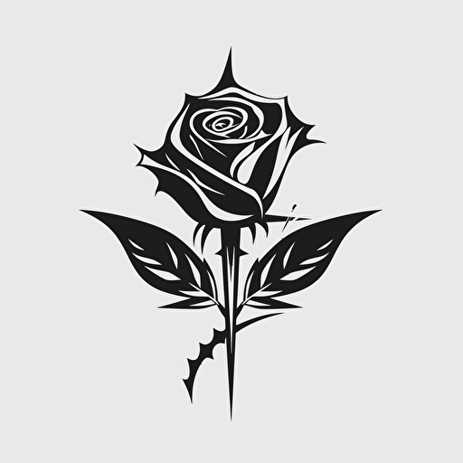 minimal vector art symbol of a rose and a blade, simple design, black on white backdrop