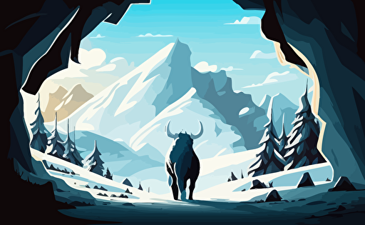 looking out from the inside of a winter cave, filled partially with snow and ice, looking out into a vast landscape of lush fir trees covered in snow and ice with mountain peaks in background with the sun shining through the clouds high quality cartoon style warm lighting early morning vibe vibrant early spring dramatic lighting vector illustration, a bull with european flag is standing