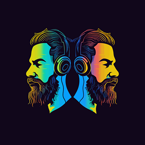make a logo for a podcast hosted by 2 bearded brothers, unique art style, minimal vector style, neon futuristic color scheme, dark isolated background,