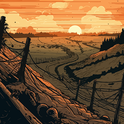 world war I battle landscape, with trenches barricades, barbwire , 16:9 format, illustration vectorial style, limited color palette, view from above