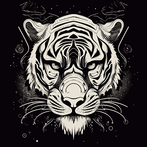 b&w, vectorart, tiger head, japanese style, hanya mask, minimalistic, logo design, max ernst style