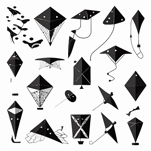 simple vector animation art of different kites and gliders, black on white background