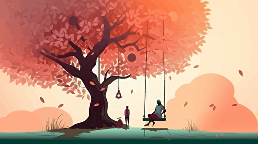 big beautiful tree with a girl on the swing and parents standing looking at the girl, vector ilustration
