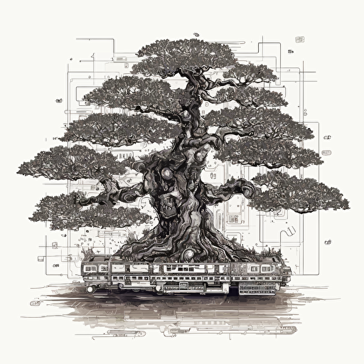 bonsai tree entirely made out of circuit board traces & pads, vector line illustration, black & white