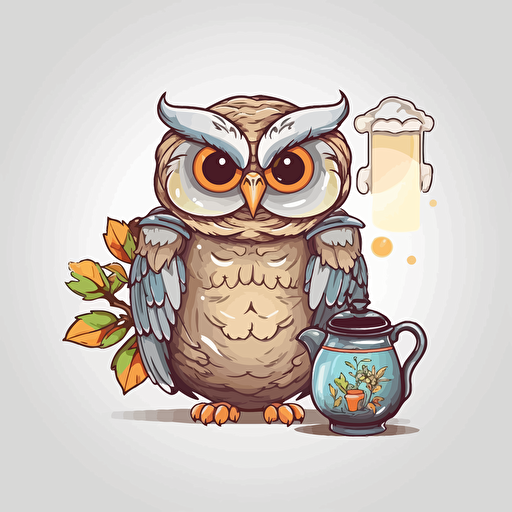 happy relax owl holding a glass coffee pot, a coffee cup beside the owl, vector, illustration for sticker, illustrator, vector art illustration style, grey background, high resolution,