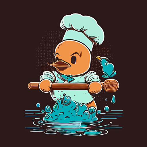 patito de goma cocinando, con un estilo delineado comic de los 80 en vectores lineal