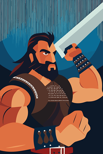 Serbian bearded man, muscled, holding sword, vector, minimalist poster