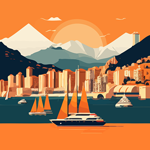Vector image of the Monaco skyline, yachts, using only orange and blue colours, simple cartoon style shading, very simple, blue skies, hill
