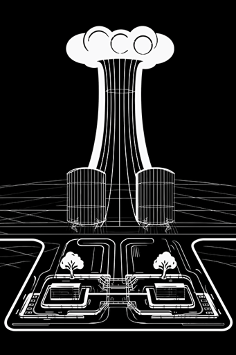 a board game card that is depicting an illustration of a nuclear power plant in a vector line drawn form, black and white.