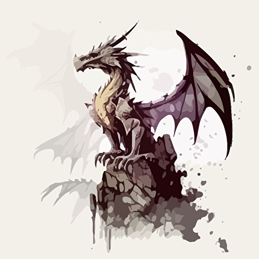 dragon with wings sitting on top of a rock, head looking up, breathing fire upward. vector style, simple white background