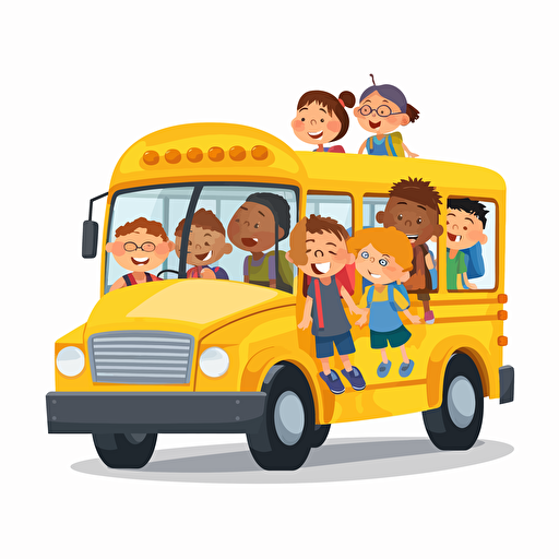 pixar style illustrative vector cartoon of kids with Down Syndrom riding a short yellow school bus. white background. 3/4 view