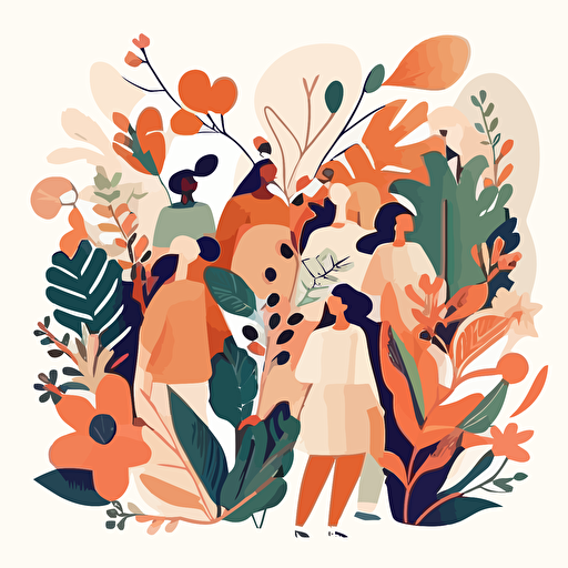 fun illustration of people surrounded by plants and flowers, vector style, minimal, white background