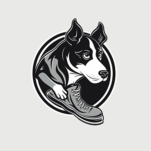 vector logo for a dog organization. Dog is wearing running shoes. Black, white, and grayscale.