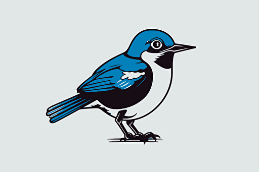 a curious swift bird standing inspecting a dslr camera, vector logo, minimalist, simple, two color, blue, white, black