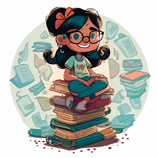 Imagine a Disney-style vector caricature of a nerdy Indian girl sitting and smiling against a plain white background. The girl is wearing glasses and surrounded by a pile of books. The artwork is designed in a round circle format, with a whimsical and playful tone to it. 12k v 5