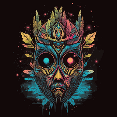 Animal mask totem roots marijuana flower tribal feather gemstone plant wood rock shaman vodoo video game vector cutout illustration vivid multicolor borderlands comics by josan gonzales and dan mumford radiating a glowing aura v9