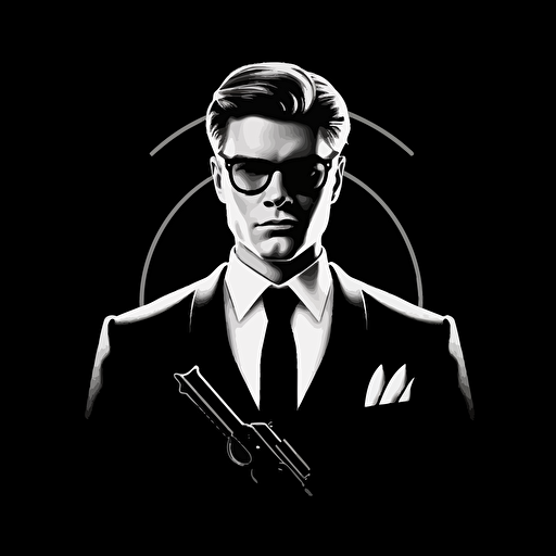 Kingsman Simple Vector Logo Kingsman Protagonist Front Suit Black Background Holding a gun in white color and contrast