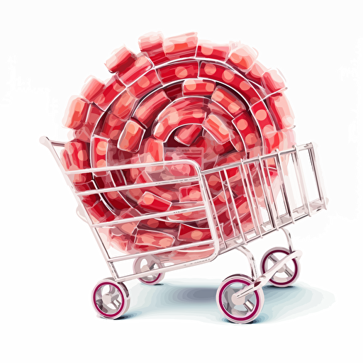 an illustration of a shopping cart filled with red fruit roll ups, for an abandoned cart email, in a circle with white background, vector image style