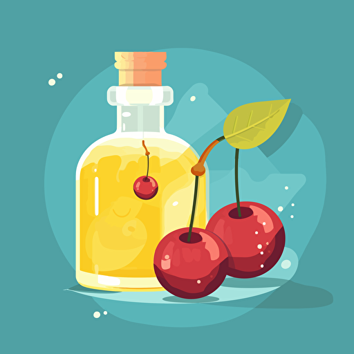 A single spheric glass bottle: inside a piece of bee's wax and and a pair of cherries. Flat vector illustration in the style of Kurzgesagt.