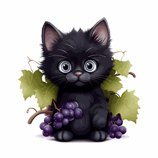 a cute cartoon black cat in a grape bunch costume in the style of anne geddes, vector art, adorable, white background