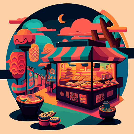 colorful vector art, asian food stalls in a worm hole