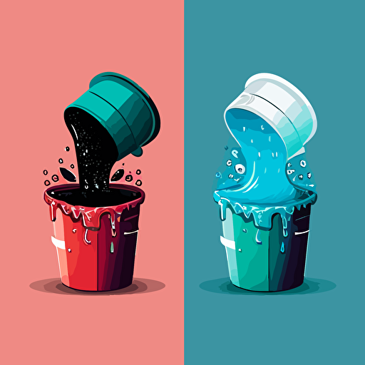 a vector image with a small bottlecap of water being poured into a bucket versus a bucket dumping water on an overflowed bottlecap