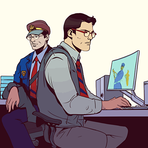clark kent and security guard with a hat, concept art, vector drawing, sitting down in front of a computer, two people, security guard looking over shoulder