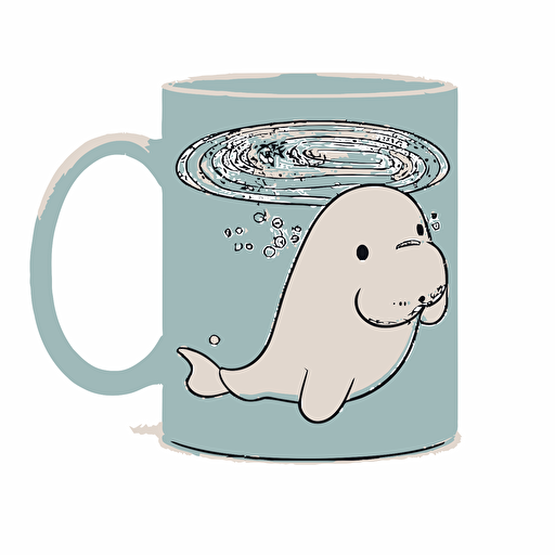 Create the layout proportionate for an 11oz coffee mug, kawaii style cute Manatee swimming in a calm lagoon, cartoon style, vector contour, pastel colors, white background