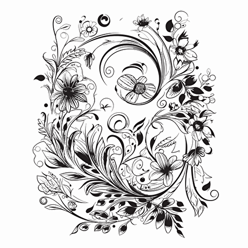 floral and wavy monograms vector, Black on white, white background