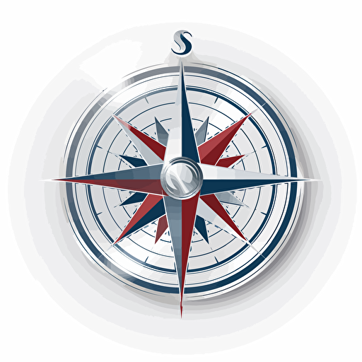 Design of professional logo featuring a simple compass clipart in stainless steel a white background. Include curves as an additional design element. vector style . Blue white and red