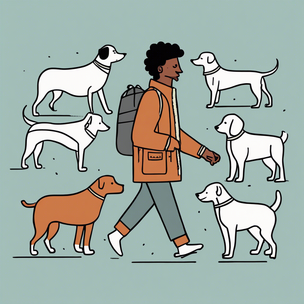 A person walking a pack of diverse dogs., illustration in the style of Matt Blease, illustration, flat, simple, vector