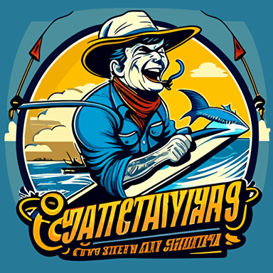 Logo retro design for an offshore fishing and boating charter company called "Saltwater Cowboy Charters" that features a panoramic battle with a superman comic book style cowboy smilling wearing sunglasses, holding a fishing pole, riding on top of a cartoon style blue marlin, flat, vector, 2D