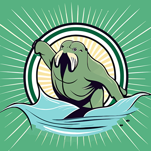 make a vector sport logo with a young happy walrus in a green triangle background