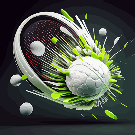 3-D vector image of a tennis ball coming out of tennis racket breaking the strings just like this, illustration, vector style, hyperdetailed