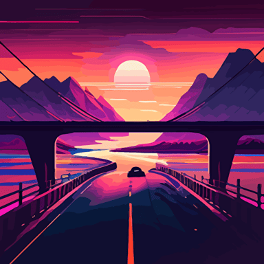 a bridge , flat landscape, digital art, vector, long shadow, 45 degree point of view, by Grant Riven Yun , synthwave colors
