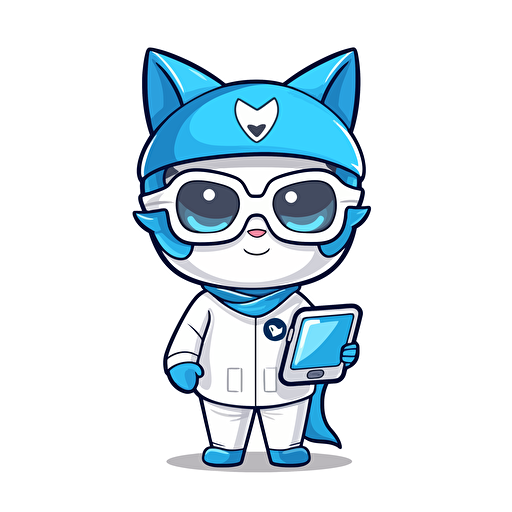 cute mascot logo face only of a doctor wearing facemask and holding a cellular phone, vector, white and blue