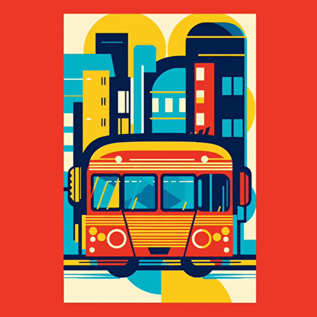 a simple city themed card back design with a tour bus on it. symmetrical design, fun primary colours with a vector art style