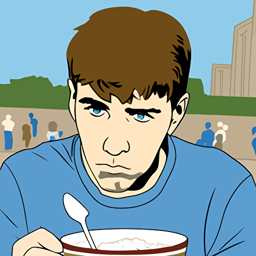 grand theft auto san andreas style of a young man with short brown hair and serious face expression staning on the center of playground and eating cereals with spoon from bowl, san andreas gta style, vector, hd