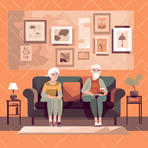 vector art, cute livingroom, elderly couple sitting on the sofa, illustrator, after effects, reduced color palatte