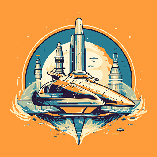 vector art of space ship in building process, simple colors, logo