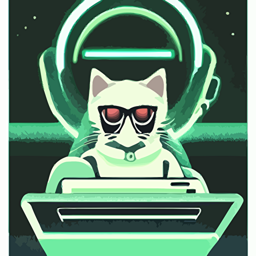 cat hoodie glasses sits laptop digital art vector art cyberpunk synthwave unreal engine