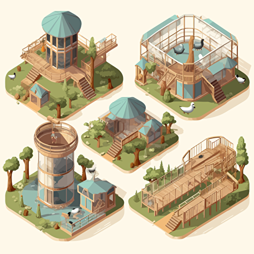 cartoon vector isometric image of a bird enclosure at different stages of construction