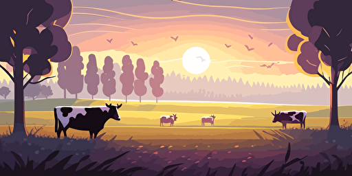 2d vector game illustration Cows in the meadow, early morning a little bit of fog flurries, sunset landscape cartoon